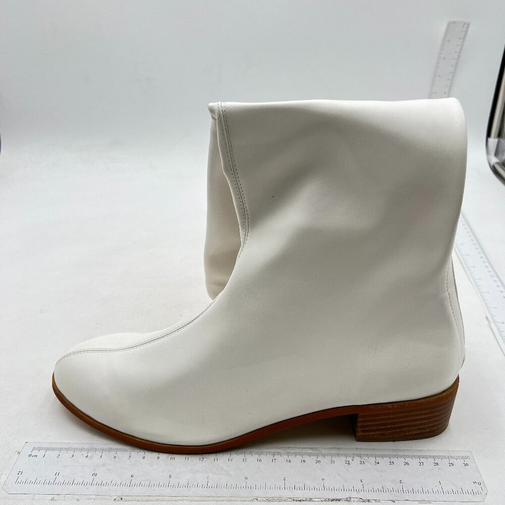White Knee High Boot Almond Toe Mid Calf Booties for Women Chunky Heel Work Boot
